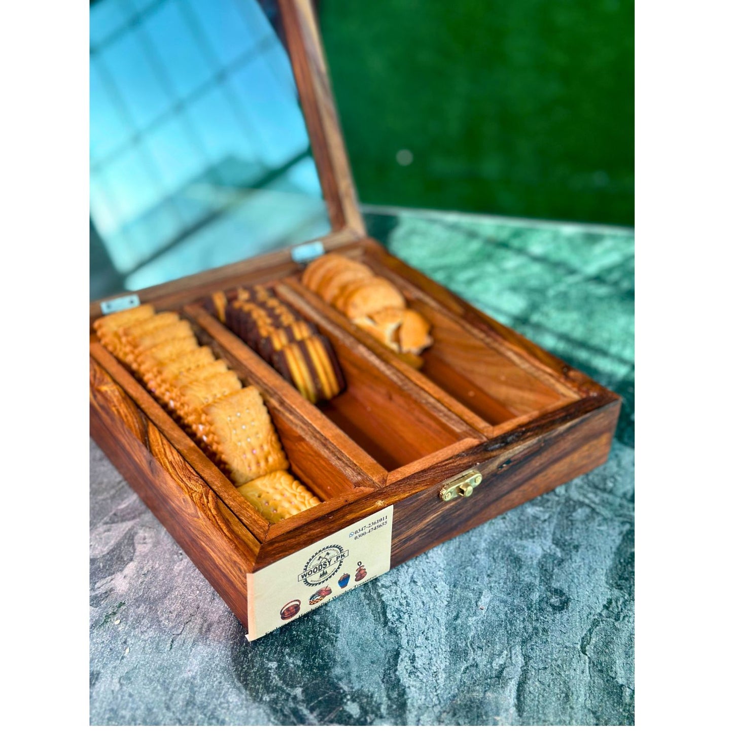 Wooden Storage Box in Pure Sheesham Wood – 3 Portion Biscuit & Spice Box with Spoon & Non-Breakable Glass Lid