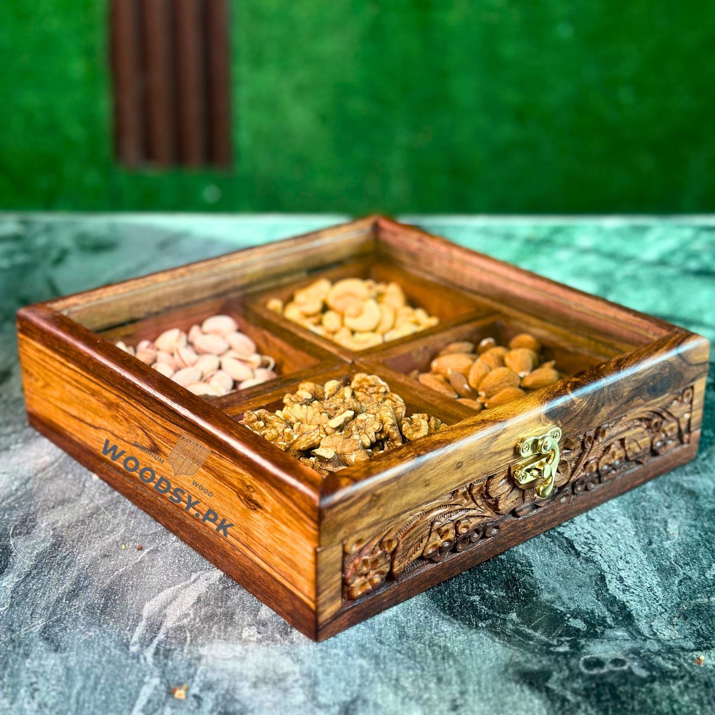 Wooden Storage Box in Pure Sheesham Wood – 4 Portion Dry Fruit & Spice Box with Spoon & Non-Breakable Glass Lid