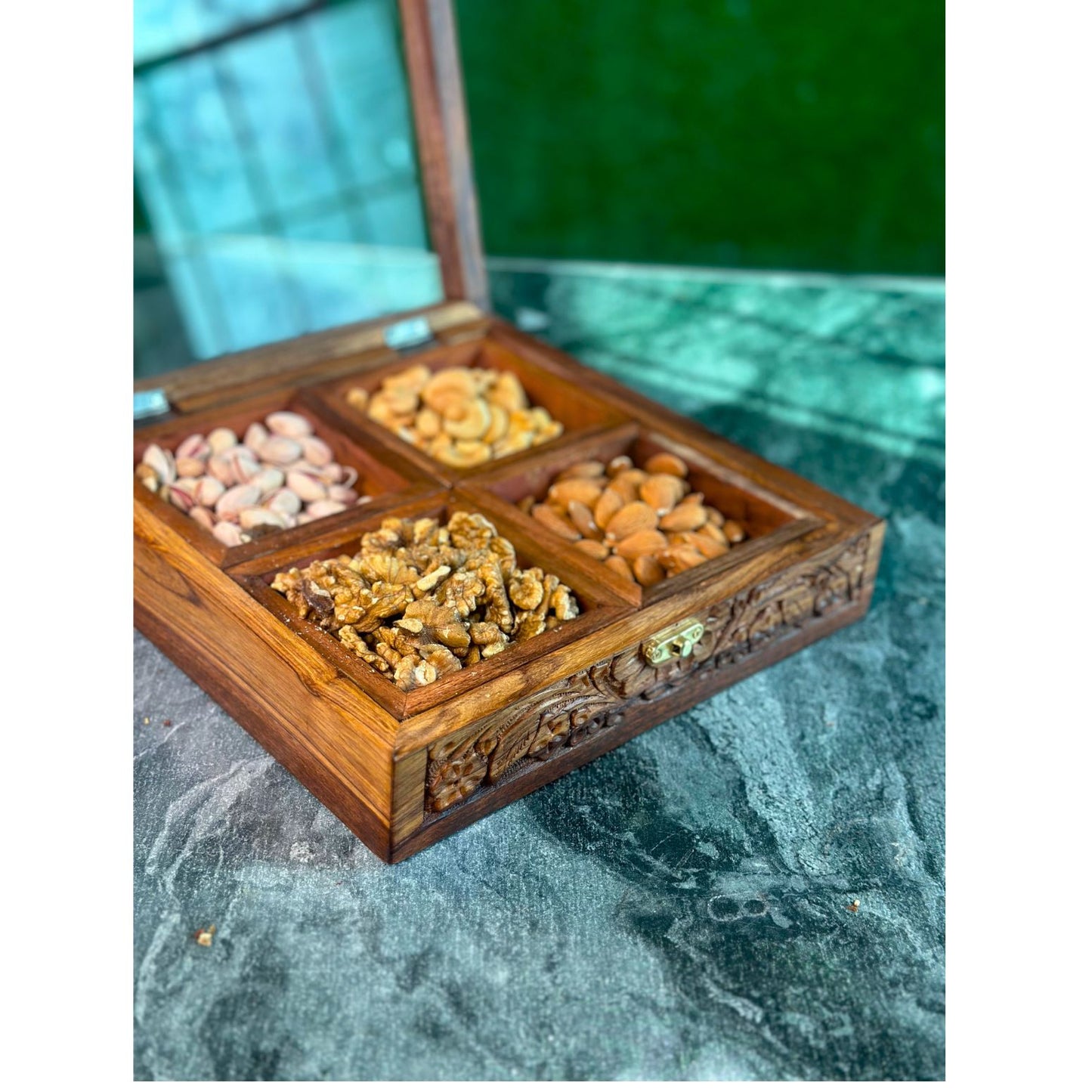 Wooden Storage Box in Pure Sheesham Wood – 4 Portion Dry Fruit & Spice Box with Spoon & Non-Breakable Glass Lid