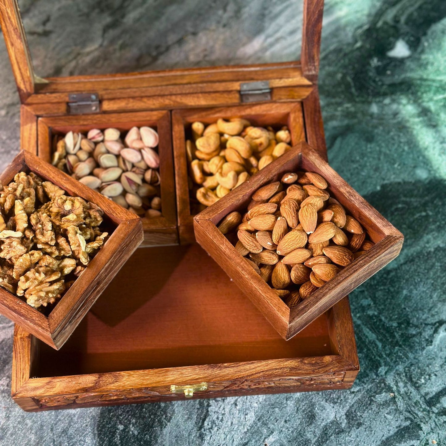 Wooden Storage Box in Pure Sheesham Wood – 4 Portion Dry Fruit & Spice Box with Spoon & Non-Breakable Glass Lid