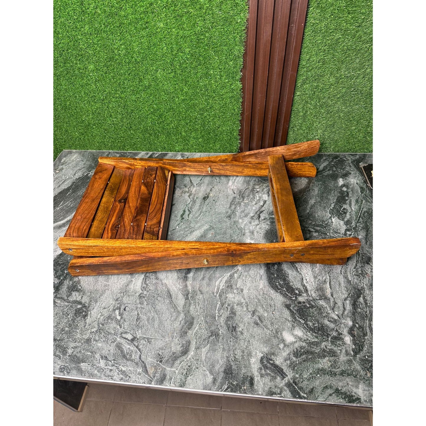 Handmade Foldable Wooden Stool with Premium Brass Work – Pure Sheesham Wood | 20” Height × 21” Length × 12” Width