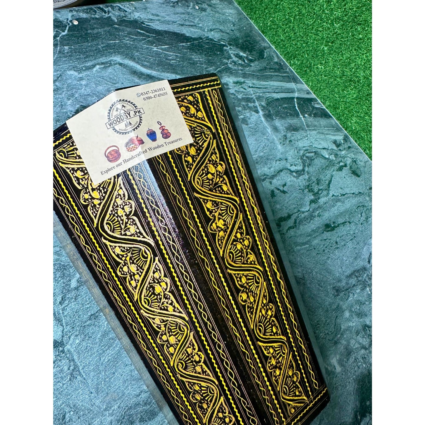 Handcrafted Wooden Dustbin – Yellow & Black Finish | Pure Sheesham Wood | 11” Height