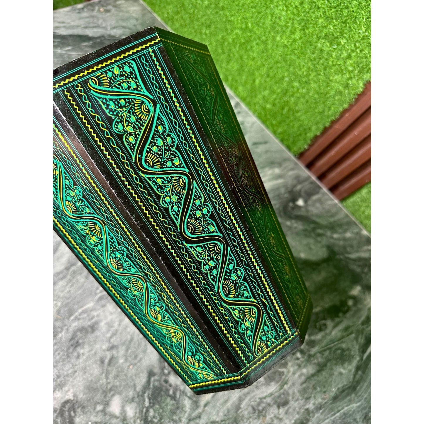 Handcrafted Wooden Dustbin – Green & Black Finish | Pure Sheesham Wood | 11” Height