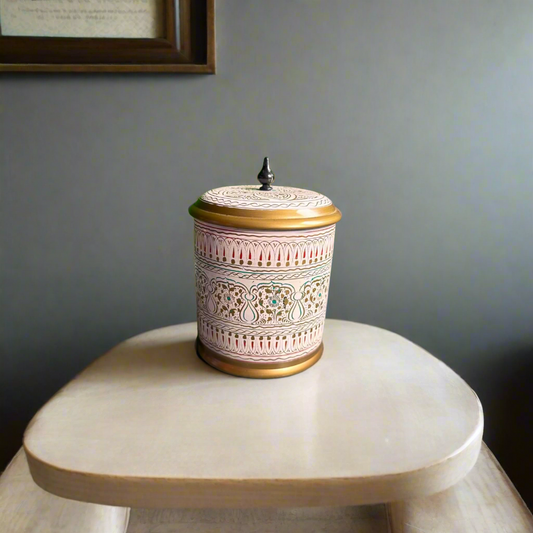 Handcrafted 9-Inch Sheesham Wood Candy Jar – Round Shape with White & Golden Naqshi Art