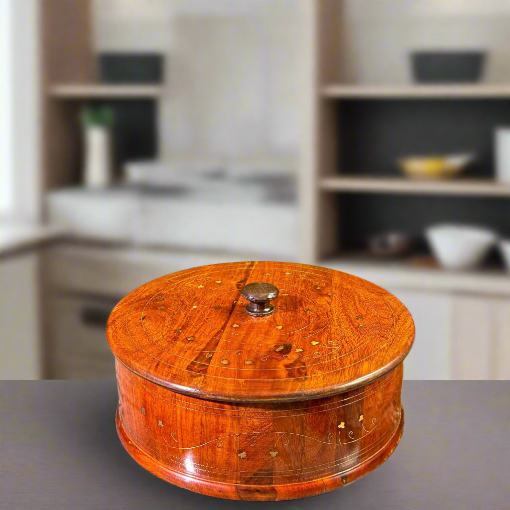"Traditional Wooden Hotpot (Without Steel Bowl ) – 12x8” Handcrafted with Premium Brass Inlay"