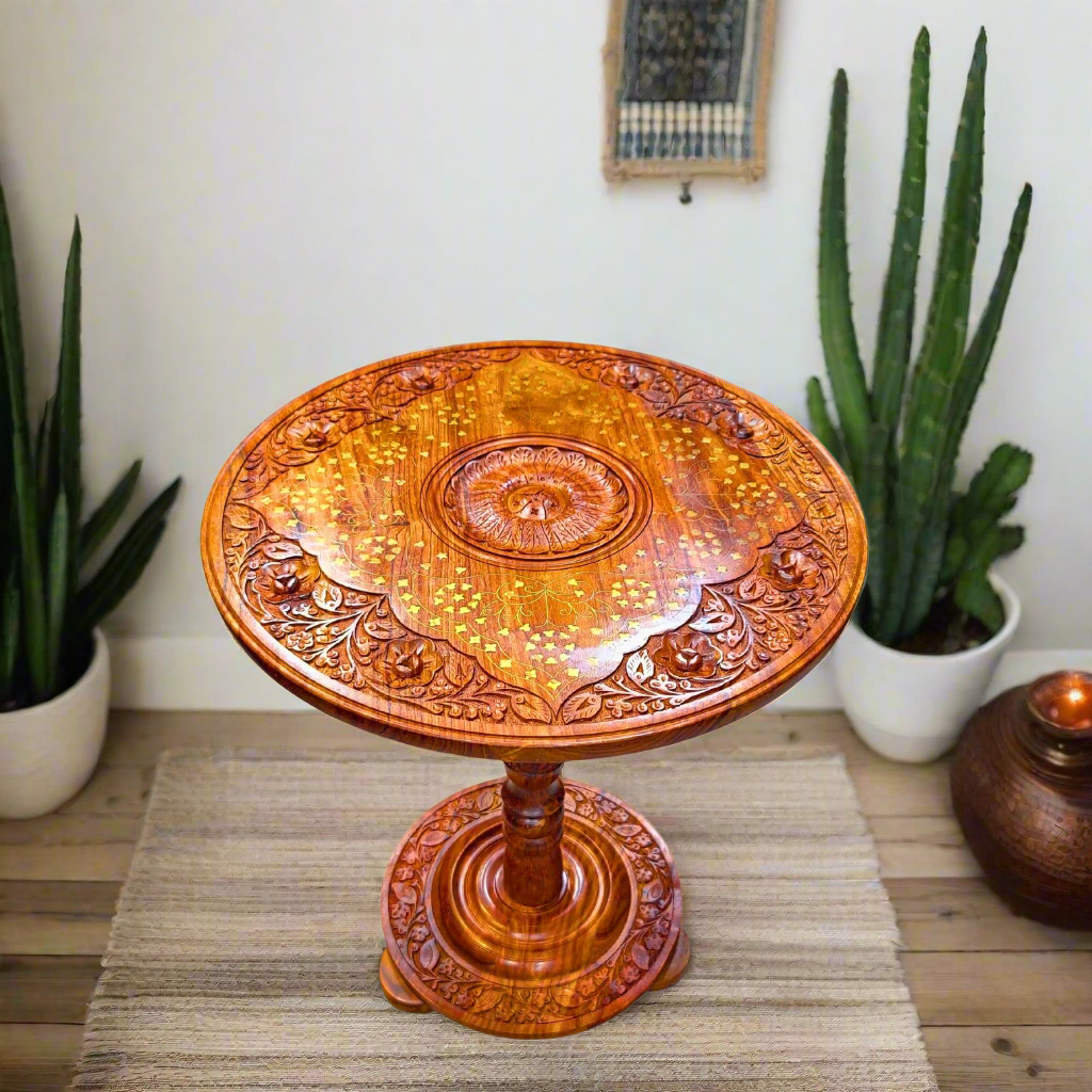 Wooden Handmade Coffee Table With Brass Work 18"
