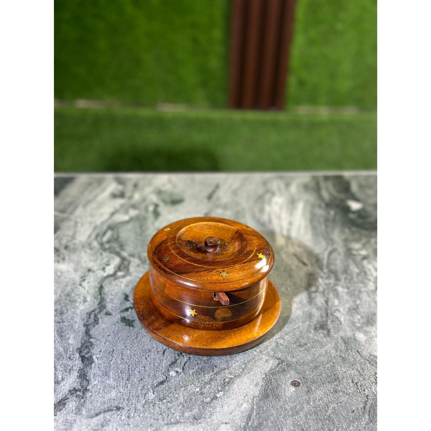 Handcrafted Wooden Sugar Pot with Brass Inlay & Spoon – Traditional Design
