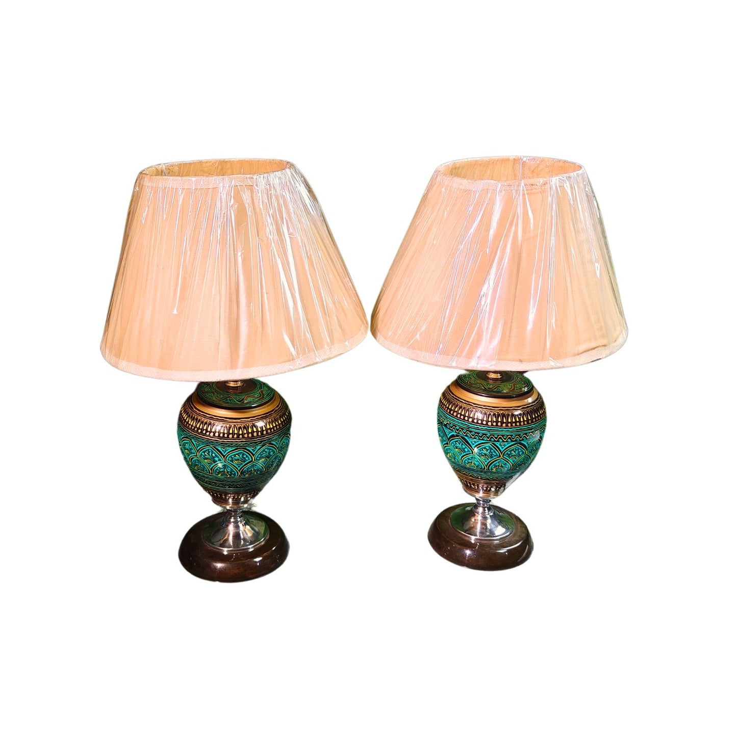Artisan Naqshi Wooden Lamps (Set of 2) β Handcrafted in Green & Golden Tones