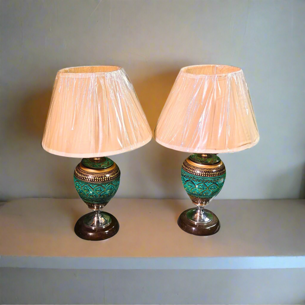 Artisan Naqshi Wooden Lamps (Set of 2) β Handcrafted in Green & Golden Tones