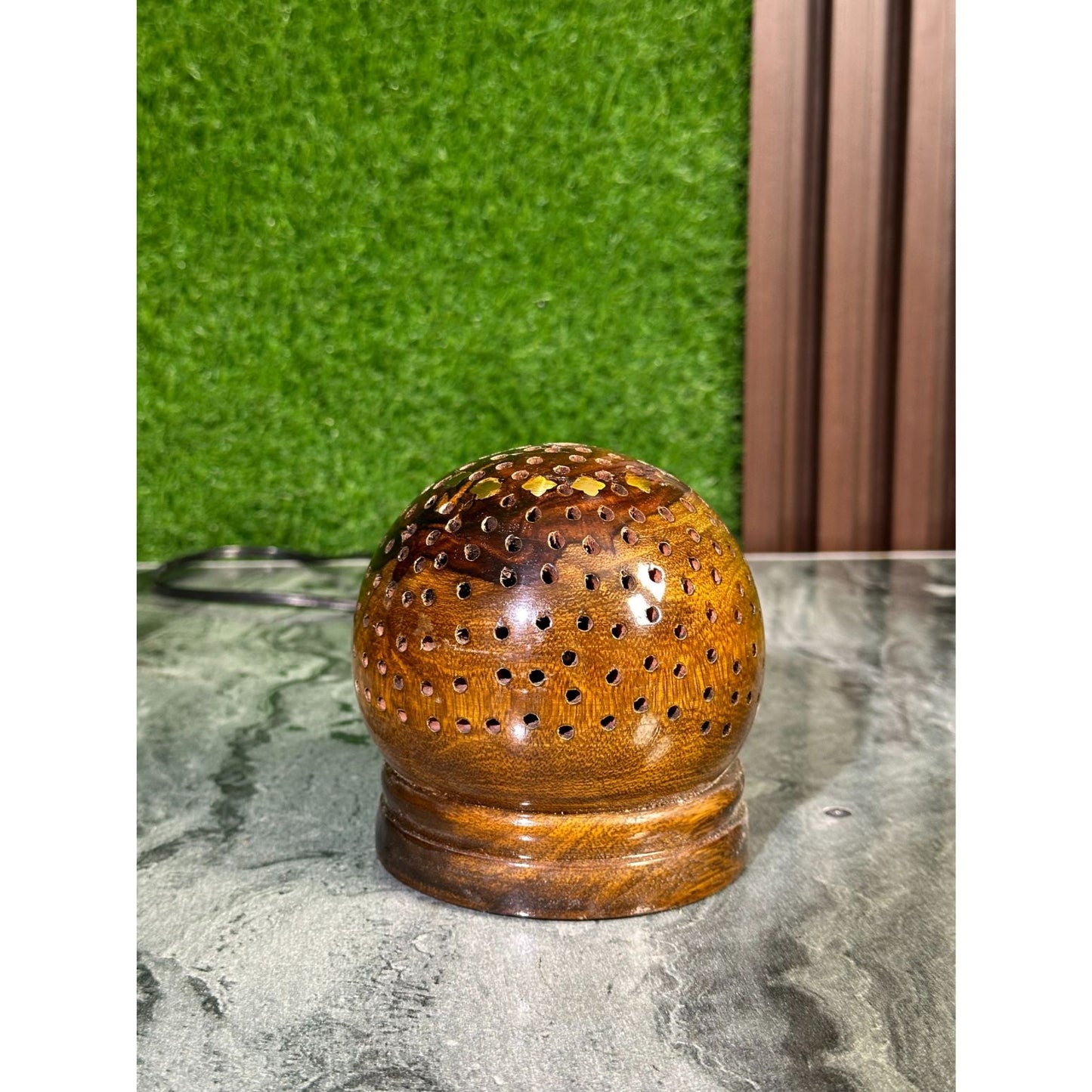 Handcrafted Dome-Shaped Wooden Lamp – Ambient Light with Artistic Perforation