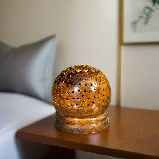Handcrafted Dome-Shaped Wooden Lamp – Ambient Light with Artistic Perforation
