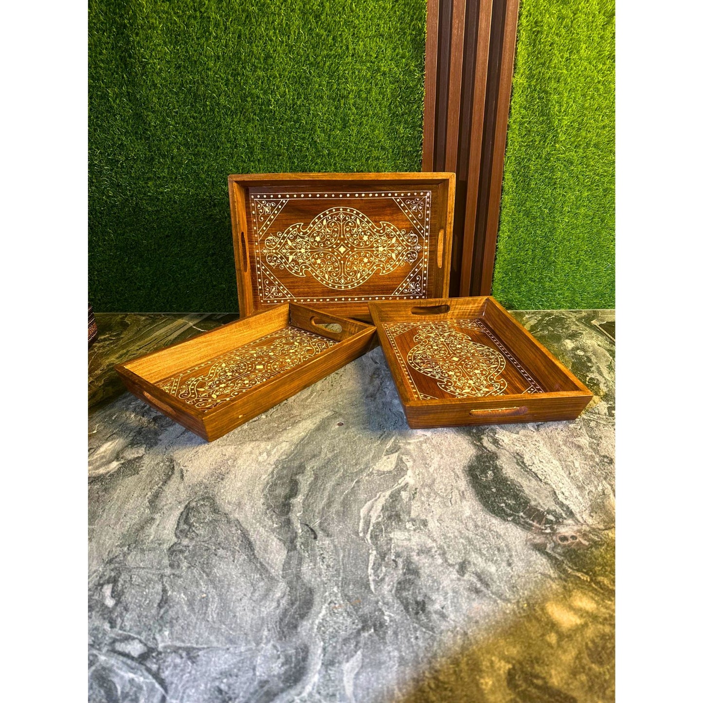 Set of 3 Handcrafted Wooden Serving Trays with White Print – Elegant Kitchen & Table Decor