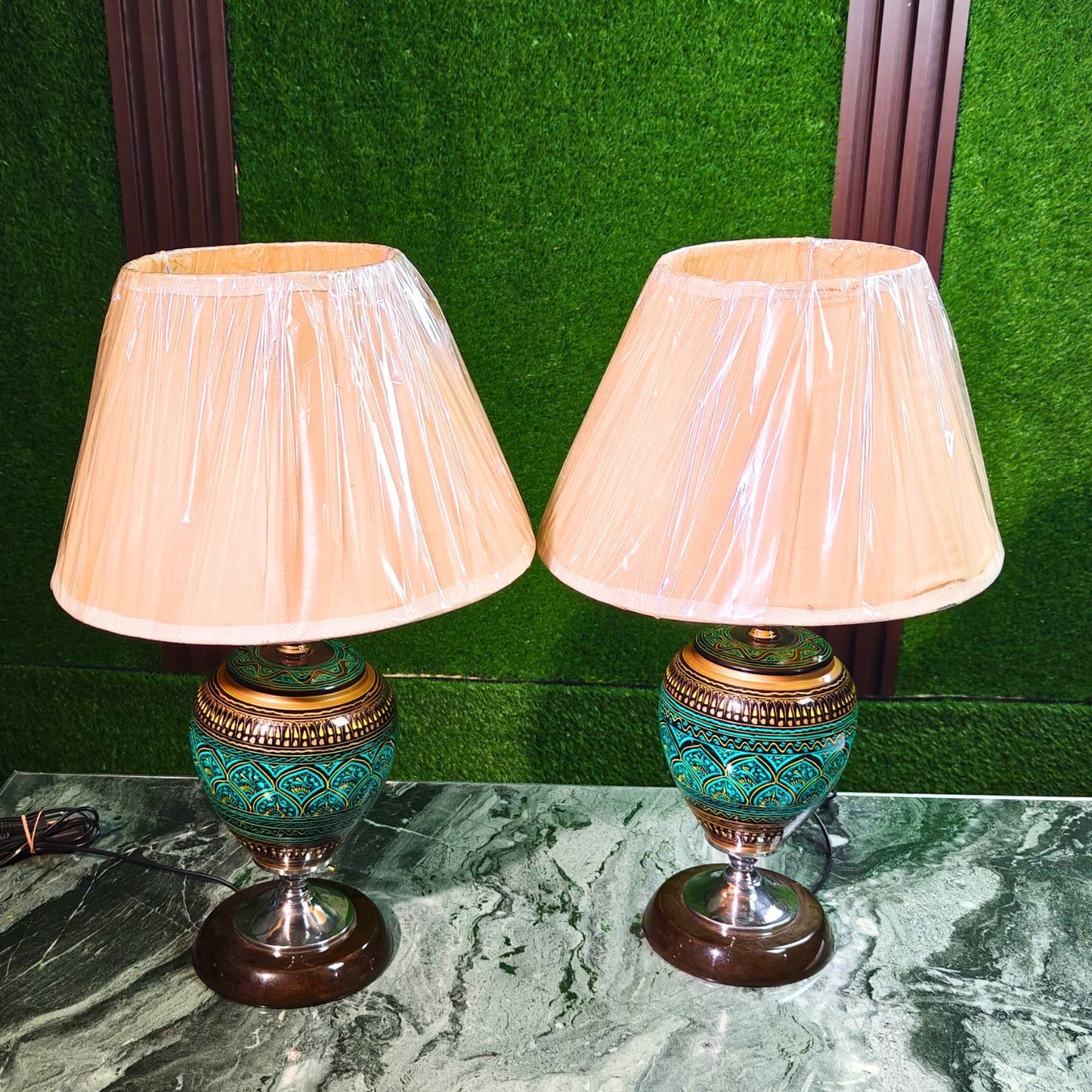 Artisan Naqshi Wooden Lamps (Set of 2) β Handcrafted in Green & Golden Tones