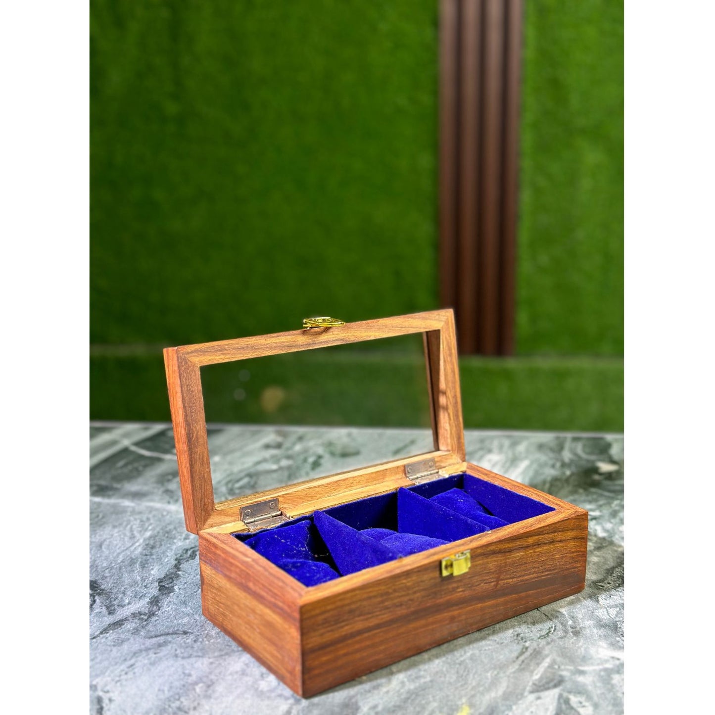 Handmade Sheesham Wood Watch Box – 3 Slot Organizer with Glass Display Lid