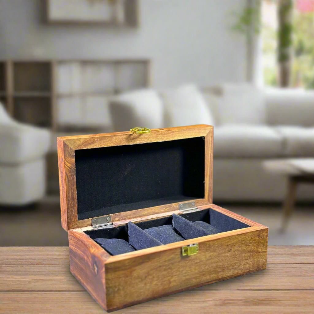 Premium Sheesham Wood Watch Box – 3 Slot Handmade Organizer with Solid Lid