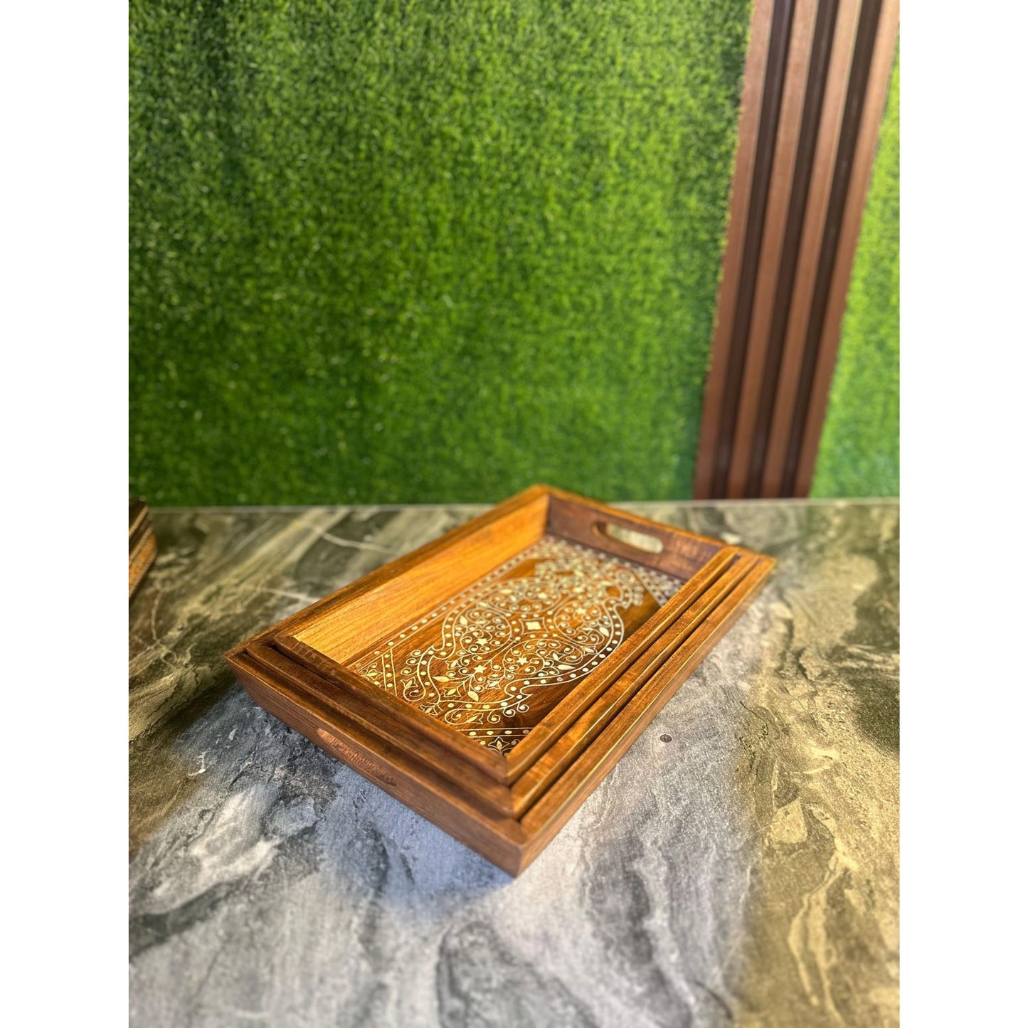 Set of 3 Handcrafted Wooden Serving Trays with White Print – Elegant Kitchen & Table Decor