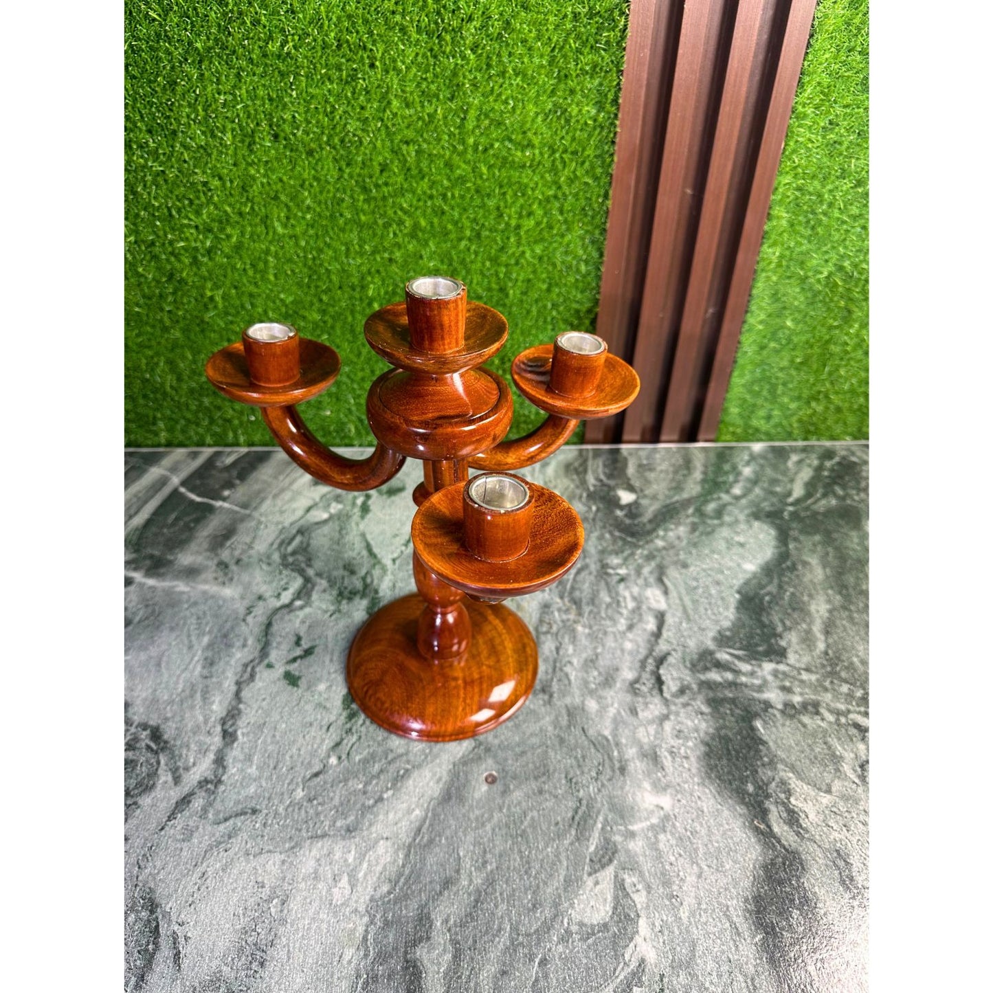 Sheesham Wood Candle Stand for 5 Candles – Handmade Wooden Candle Holder with Steel Inserts | Home & Dining Table Decor