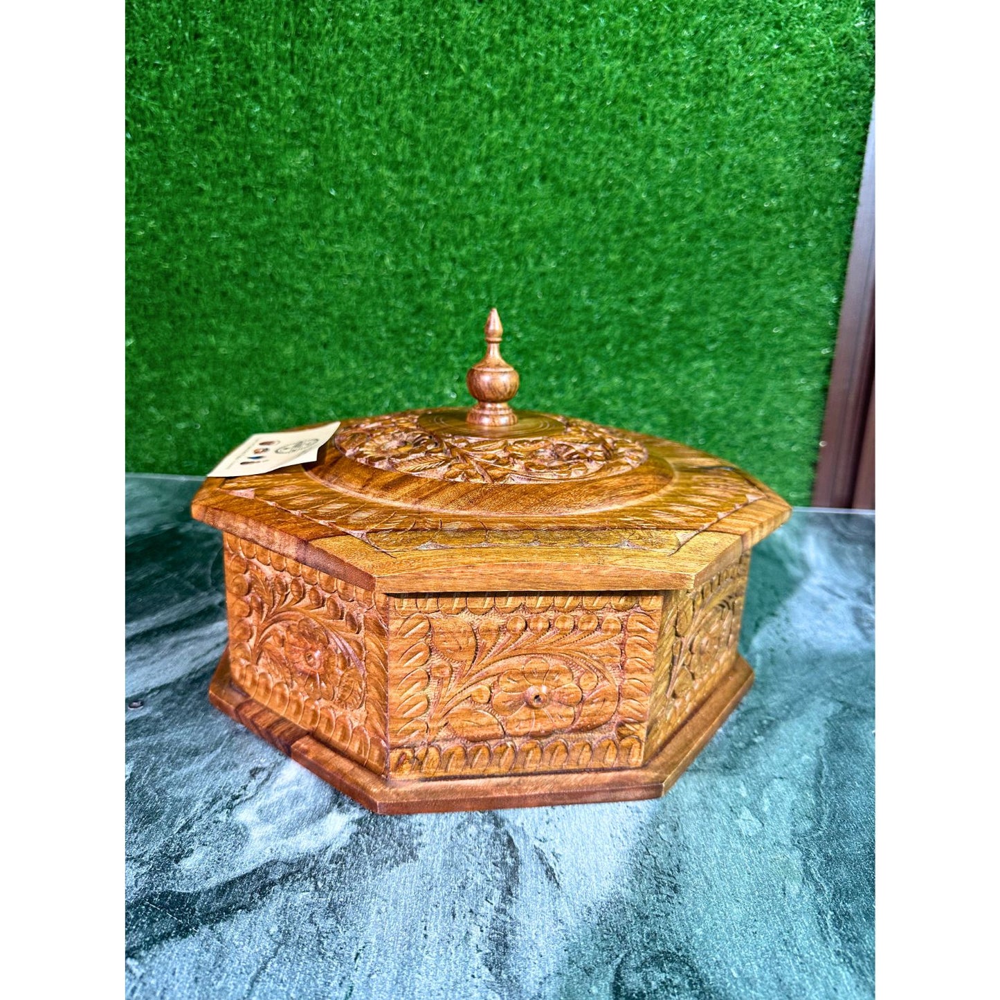Handcrafted Wooden Hotpot – Octagon Shape with Intricate Hand-Carved Detailing (12x8")