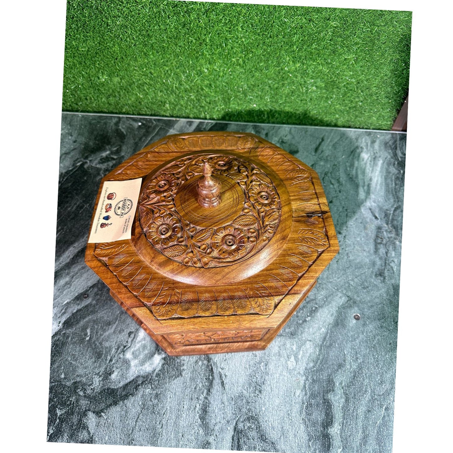 Handcrafted Wooden Hotpot – Octagon Shape with Intricate Hand-Carved Detailing (12x8")