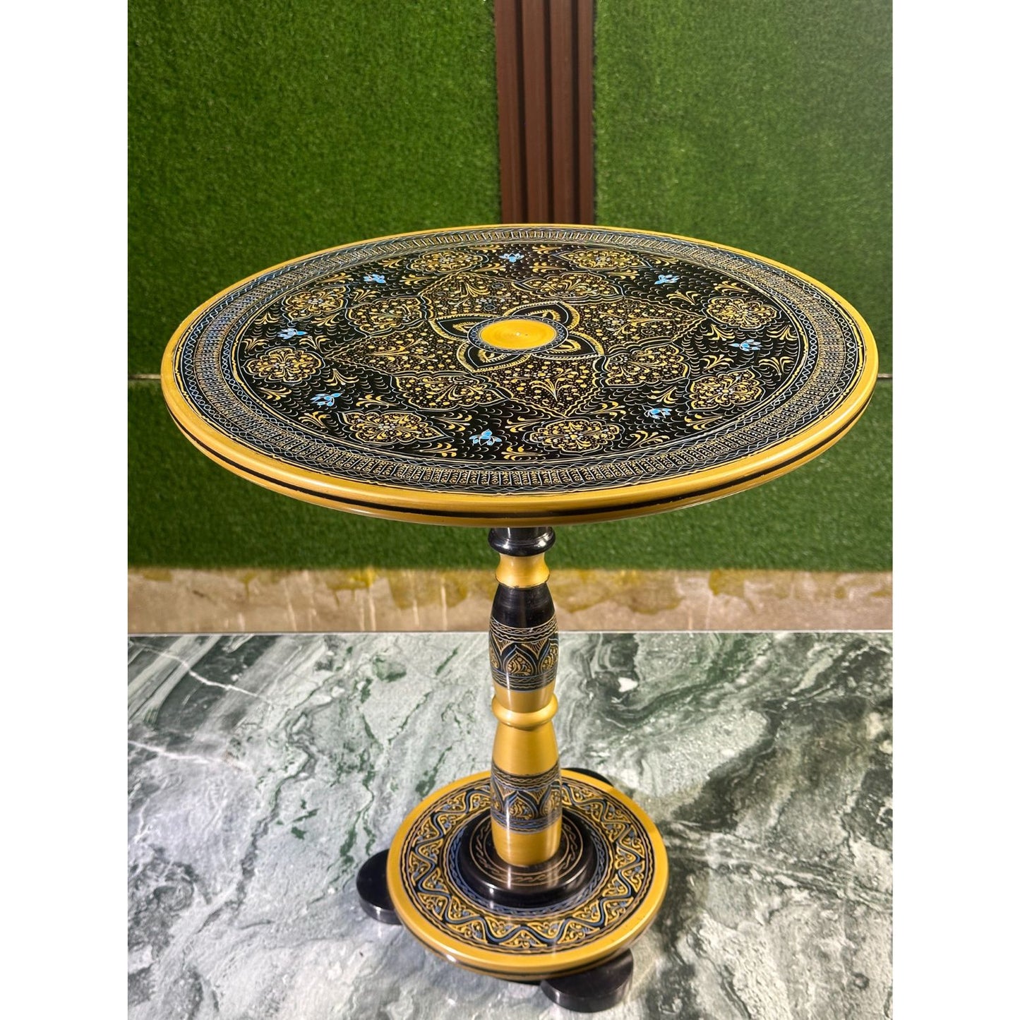 Artisan Enamel Lacquer Coffee Table – 18" Blue and Black Design