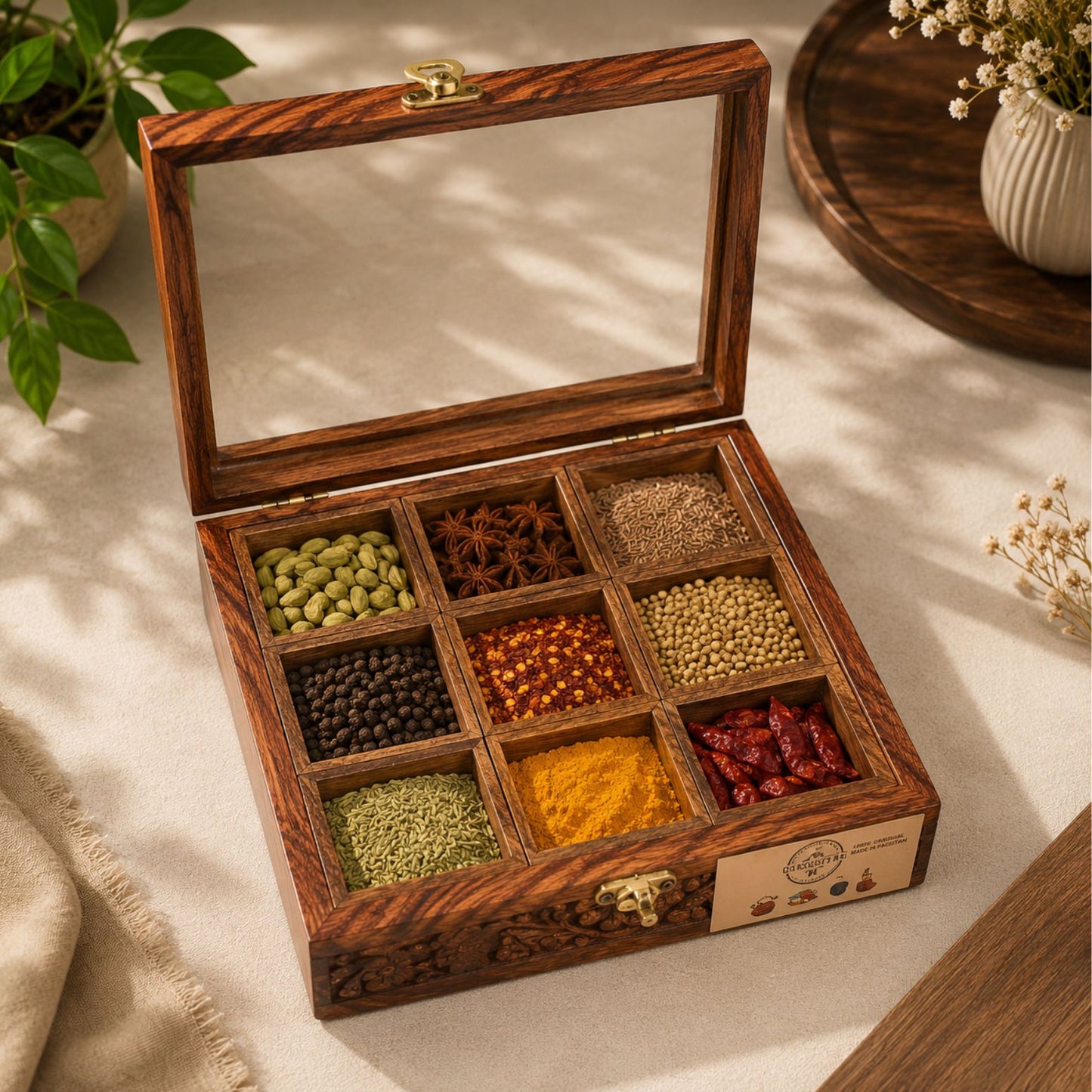 9 Portion Wooden spice box (handcarved) with Spoon & Non-Breakable Glass Lid