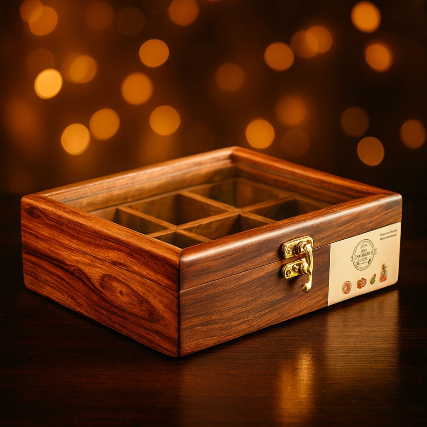 6 Portion Wooden Spice Box with Spoon & Non-Breakable Glass Lid