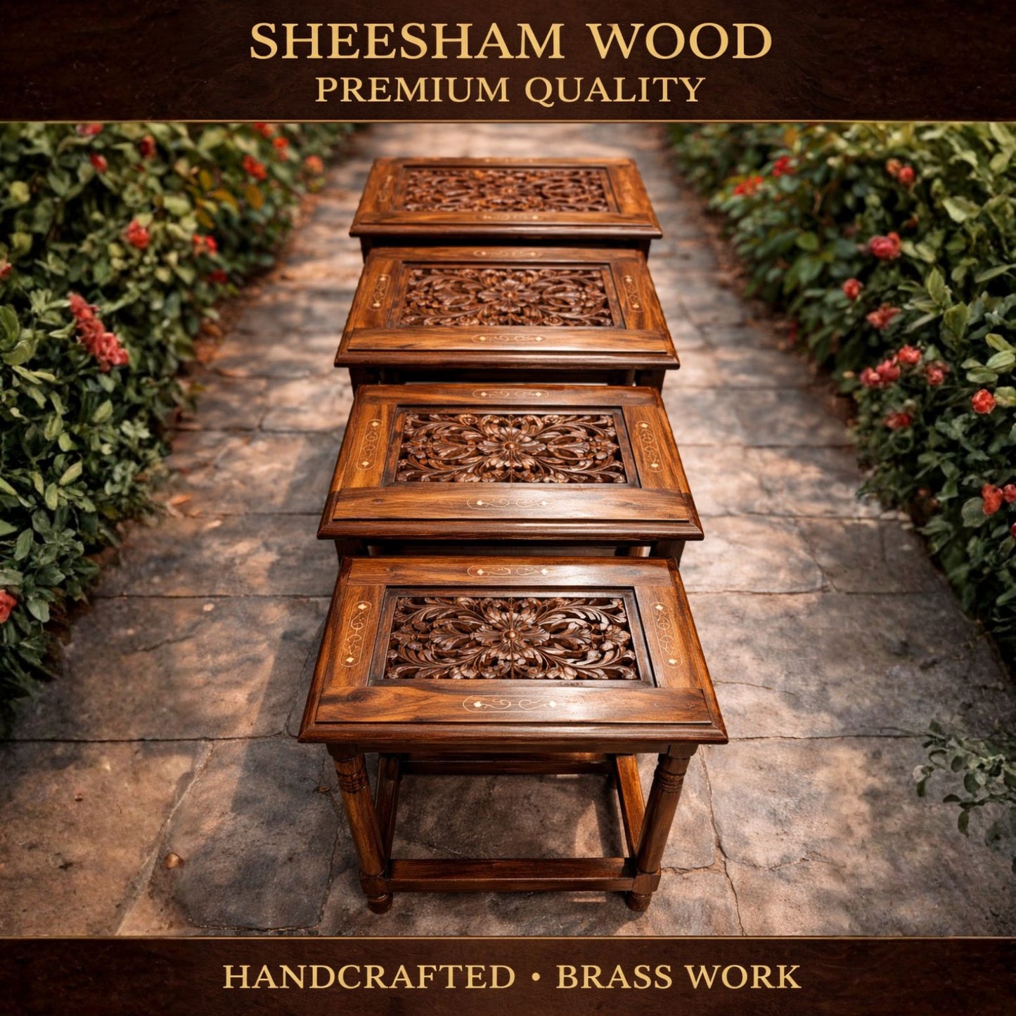 Premium Handcrafted Sheesham Wood Nesting Tables – Brass Inlay Carved Side Tables Set (4 Pieces)