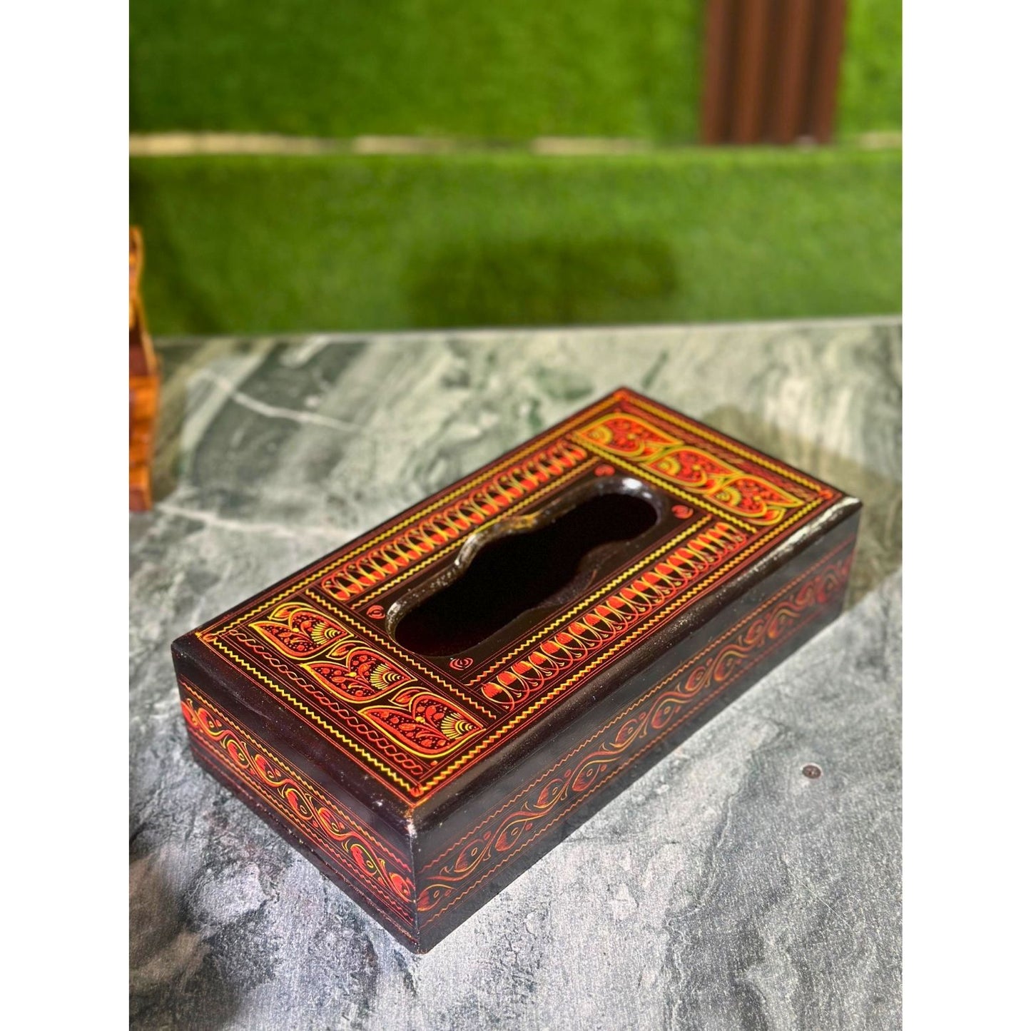 Handcrafted Wooden Tissue Box – Naqshi Art – Light Orange, Red & Yellow Shades with Black – 6x11 inch