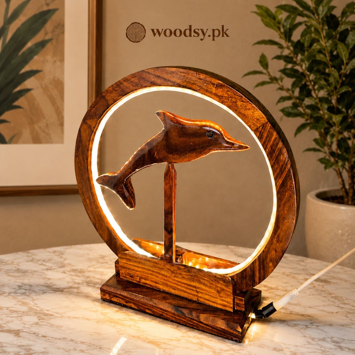 Premium Dolphin LED Lamp – Sheesham Wood Decorative Night Light | Woodsy.pk