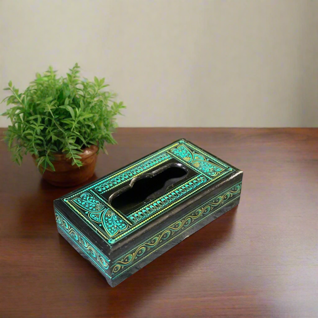 Handcrafted Wooden Tissue Box – Naqshi Art – Turquoise (Ferozi) & Black – 6x11 inch
