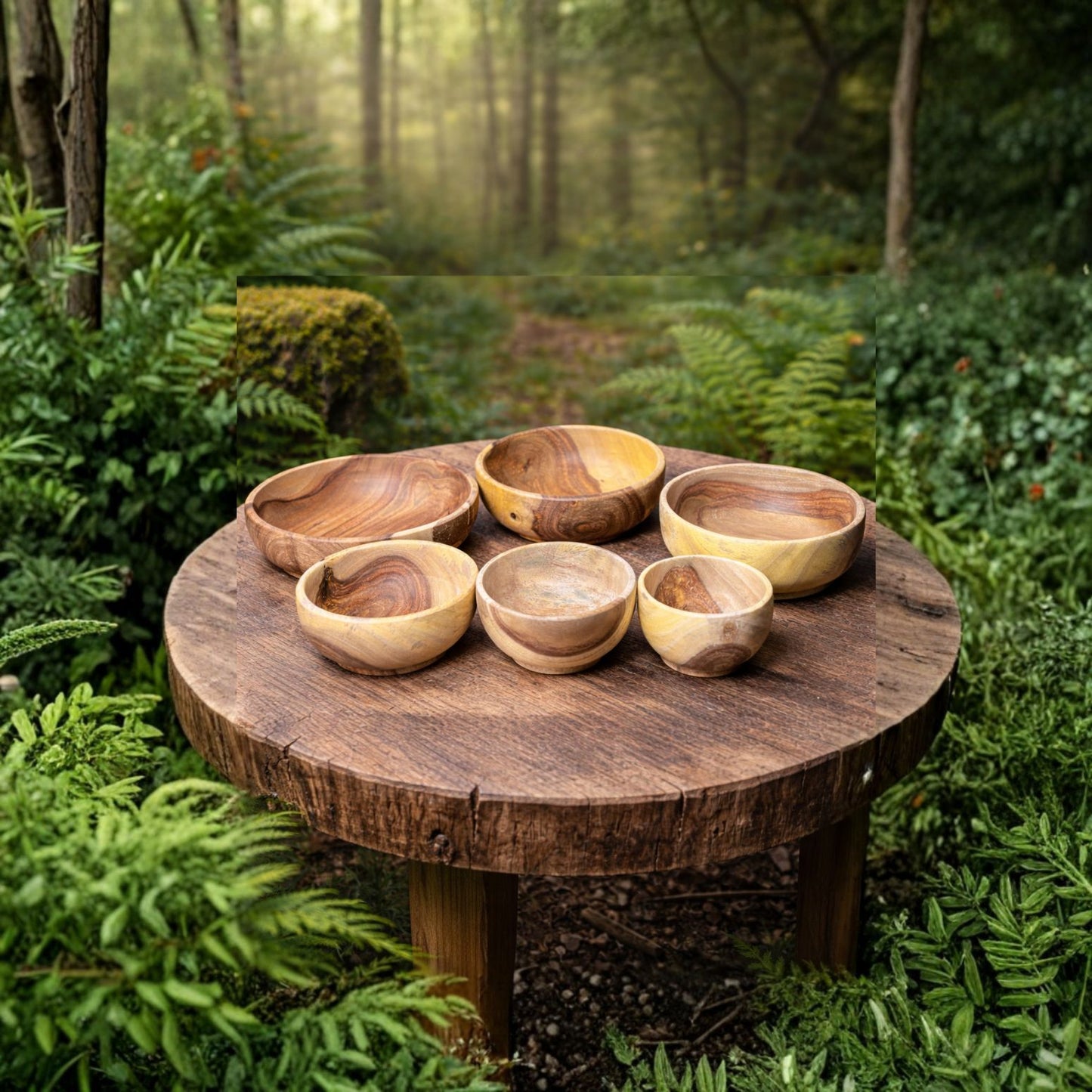 Handcrafted Sheesham Wood Bowl Set (Set of 6) – Single-Piece (No Joint) Solid Wood, Natural Finish
