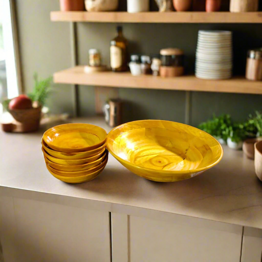 7-Piece Wooden Bowl Set – Handcrafted – Yellow Finish – 6 Small & 1 Large Bowl