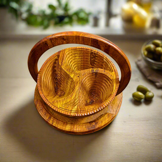 3-Portion Handcrafted Wooden Spring Tray – Stylish & Functional Dry Fruit Server