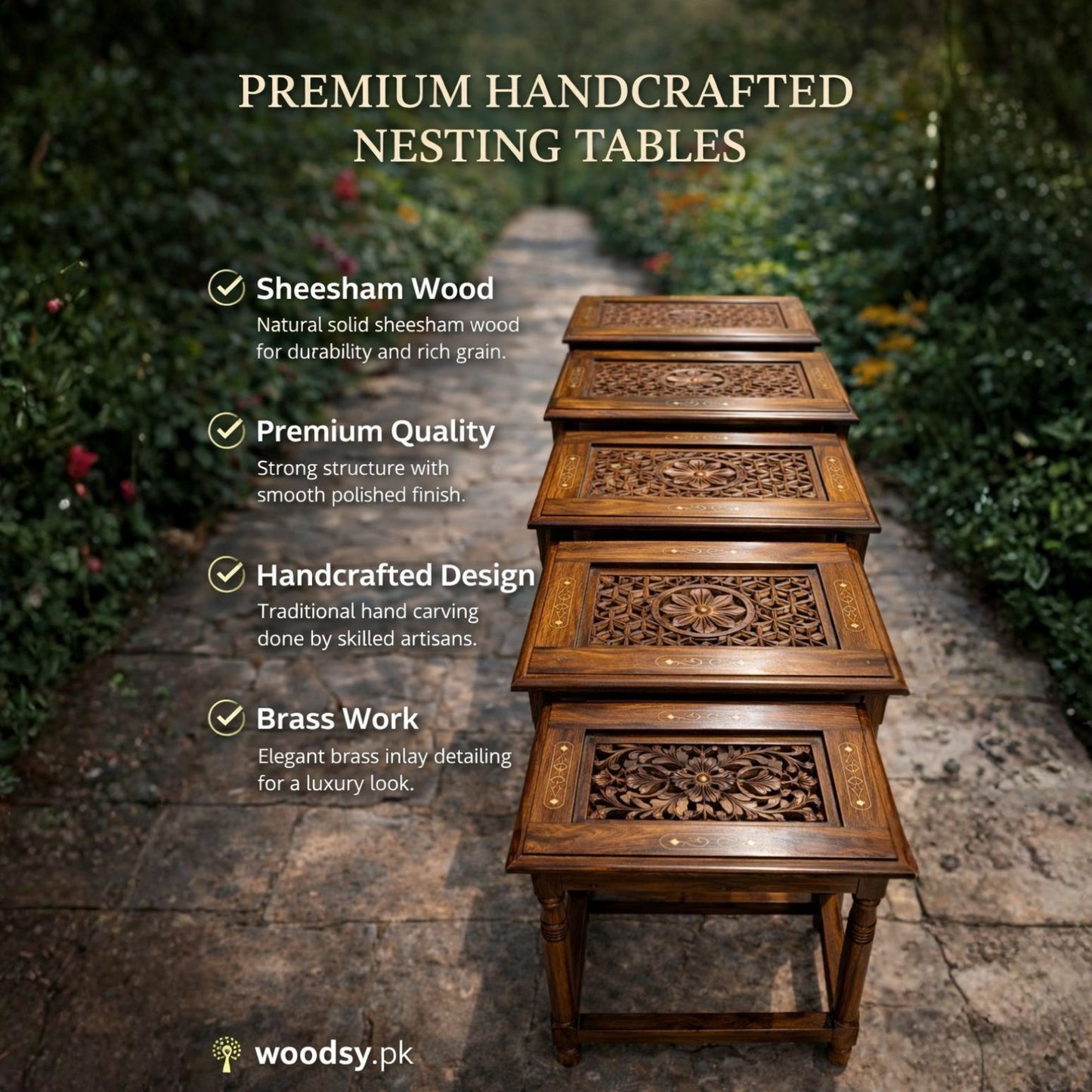 Premium Handcrafted Sheesham Wood Nesting Tables – Brass Inlay Carved Side Tables Set (4 Pieces)
