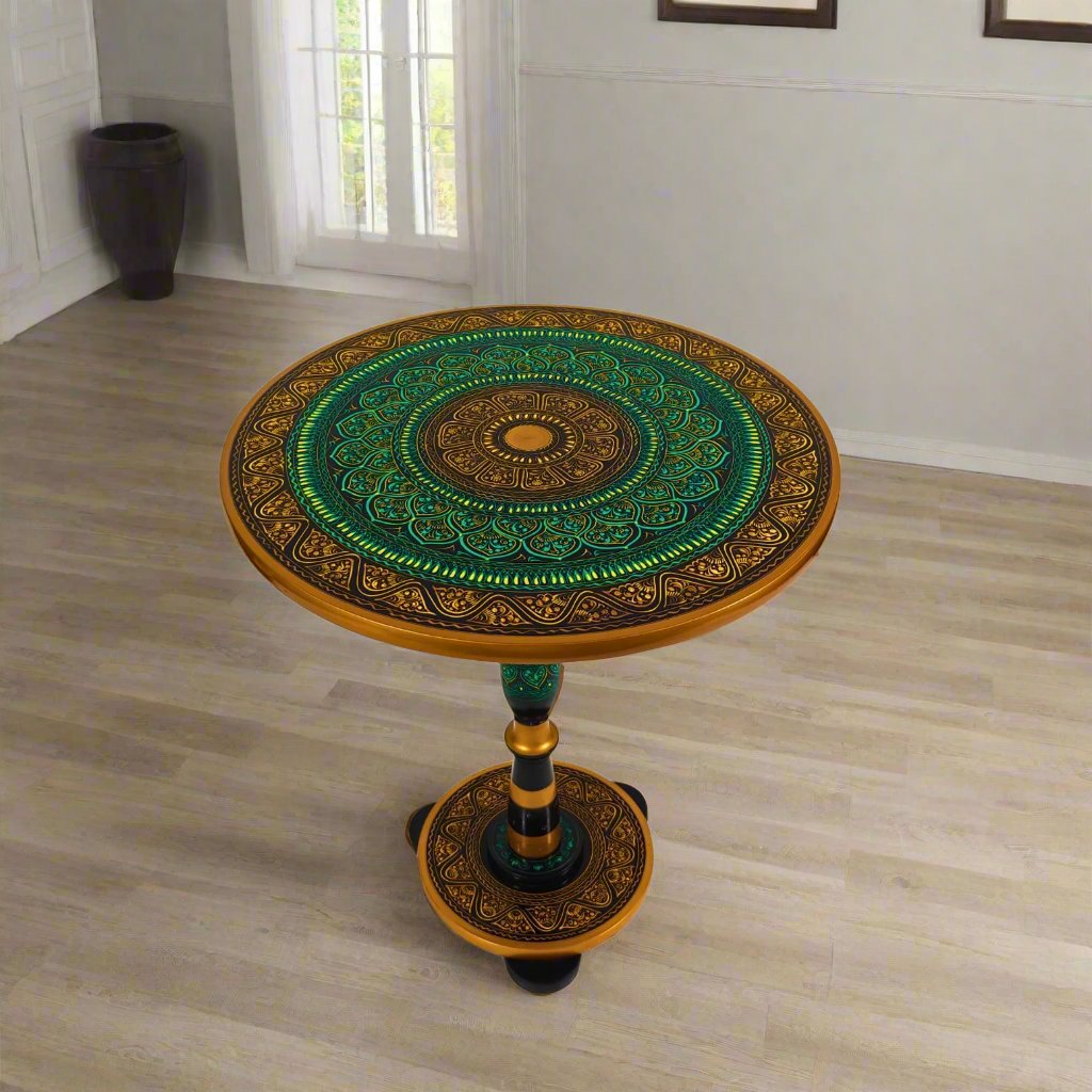 Green & Gold Art Coffee Table – 18" Round Handcrafted Table | Royal Lacquer Finish, 20" Height Accent Piece