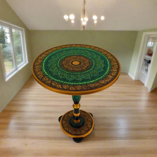 Green & Gold Art Coffee Table – 18" Round Handcrafted Table | Royal Lacquer Finish, 20" Height Accent Piece