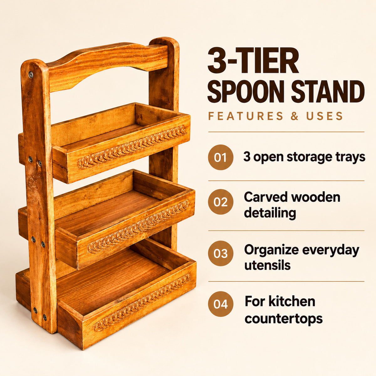 Wooden Spoon Stand | 3-Tier Chamach Rack | Utensil Organizer — four features and uses