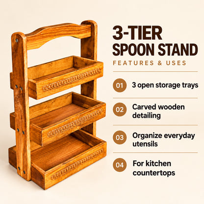 Wooden Spoon Stand | 3-Tier Chamach Rack | Utensil Organizer — four features and uses