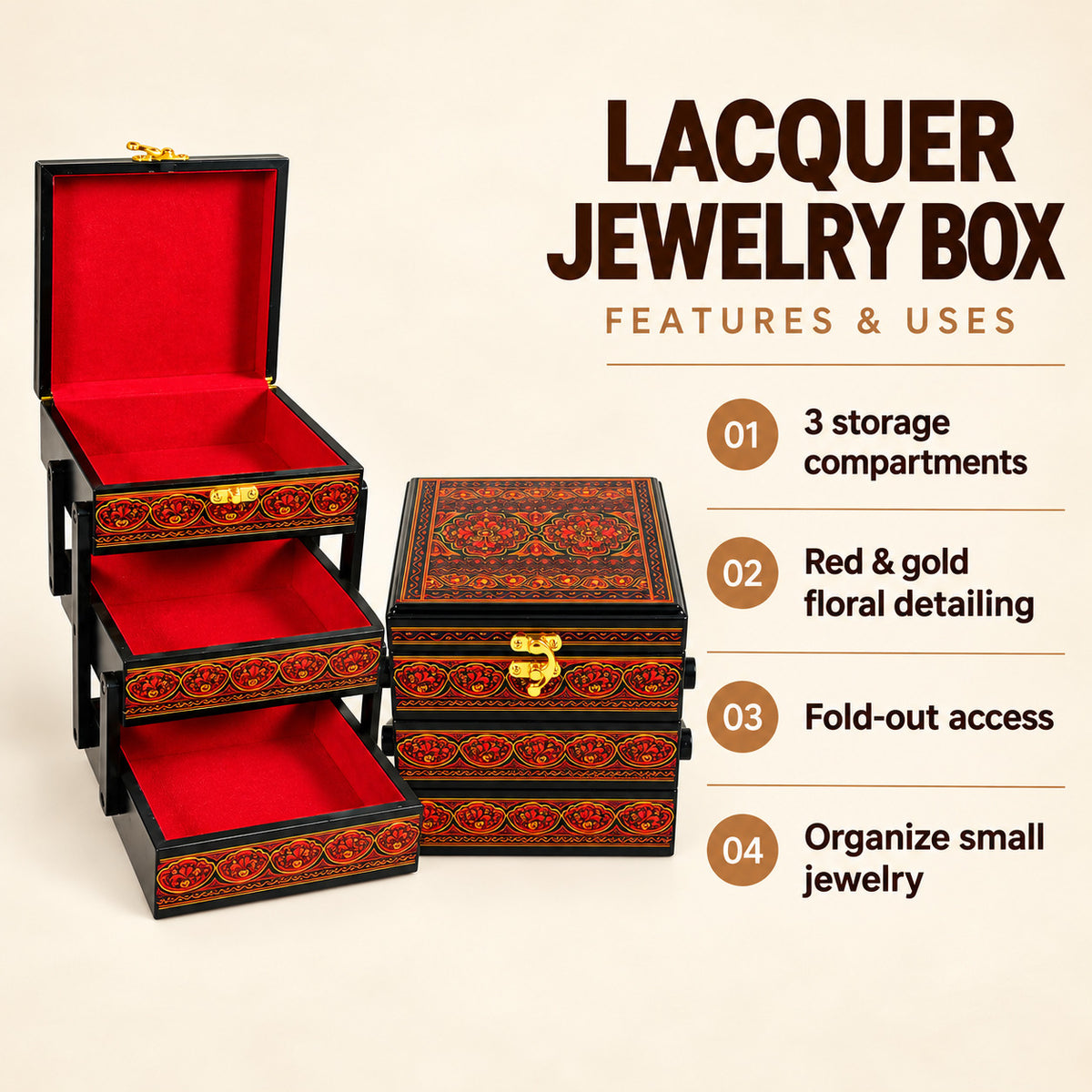 Lacquer Art Jewelry Box Red Square 3 Portion — four features and uses