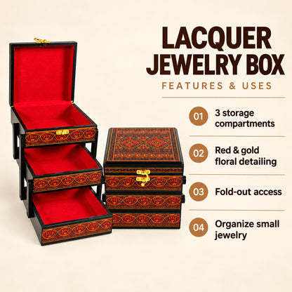 Lacquer Art Jewelry Box Red Square 3 Portion — four features and uses