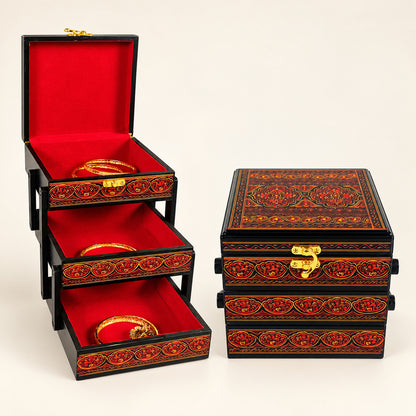 Lacquer Art Jewelry Box Red Square 3 Portion — renewed product photo