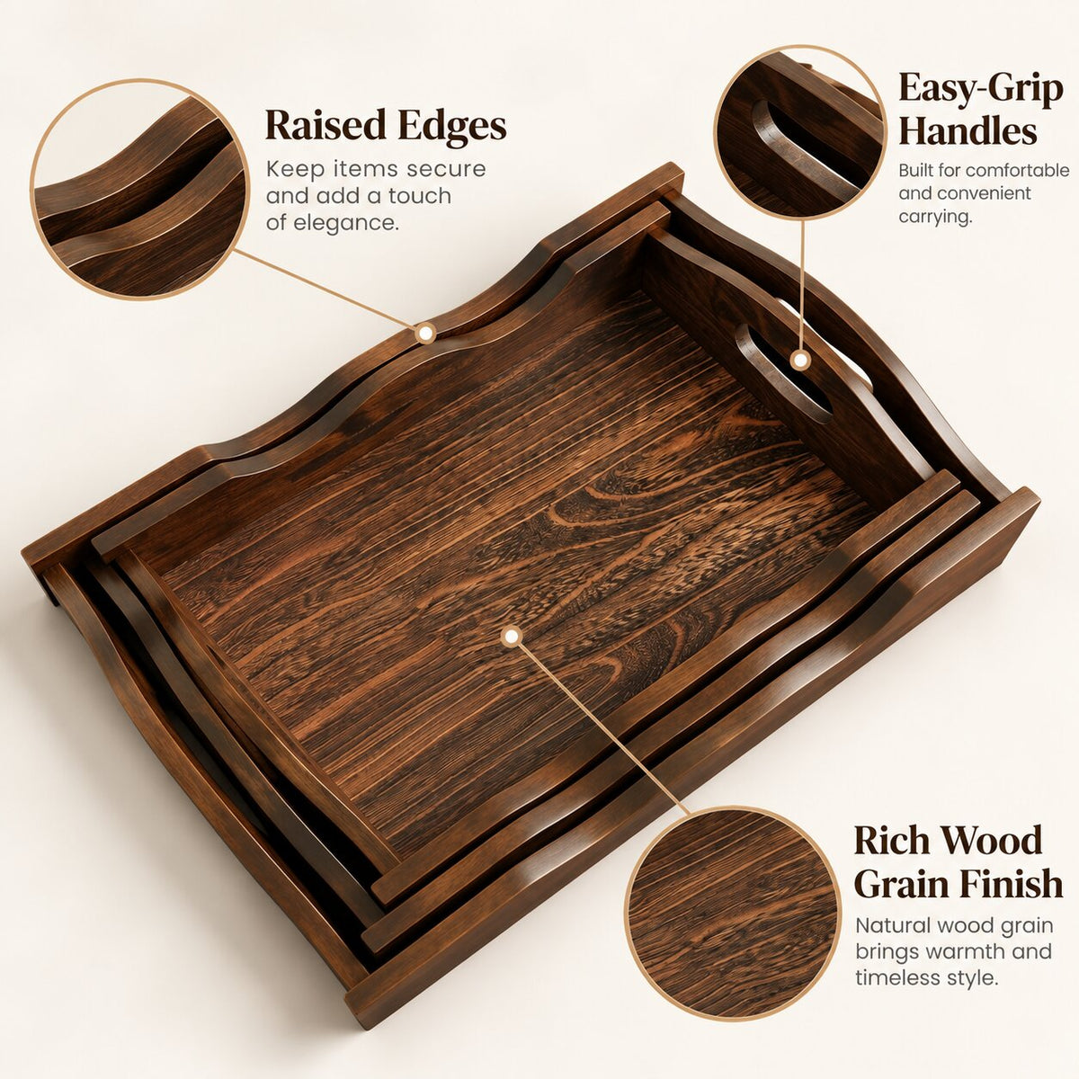 Premium 3-Piece Wooden Serving Tray Set – Large, Medium & Small