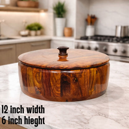 Premium Sheesham Wooden Hotpot (12 Inch) – Handcrafted Serving Box with Lid | Without Steel Bowl