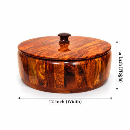 Premium Sheesham Wooden Hotpot (12 Inch) – Handcrafted Serving Box with Lid | Without Steel Bowl