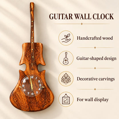 Wooden Guitar Wall Clock Handcrafted — four features and uses