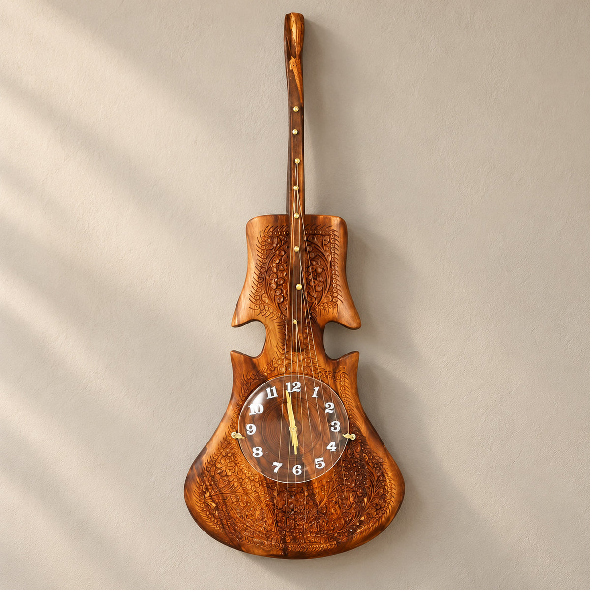 Wooden Guitar Wall Clock Handcrafted — product photo
