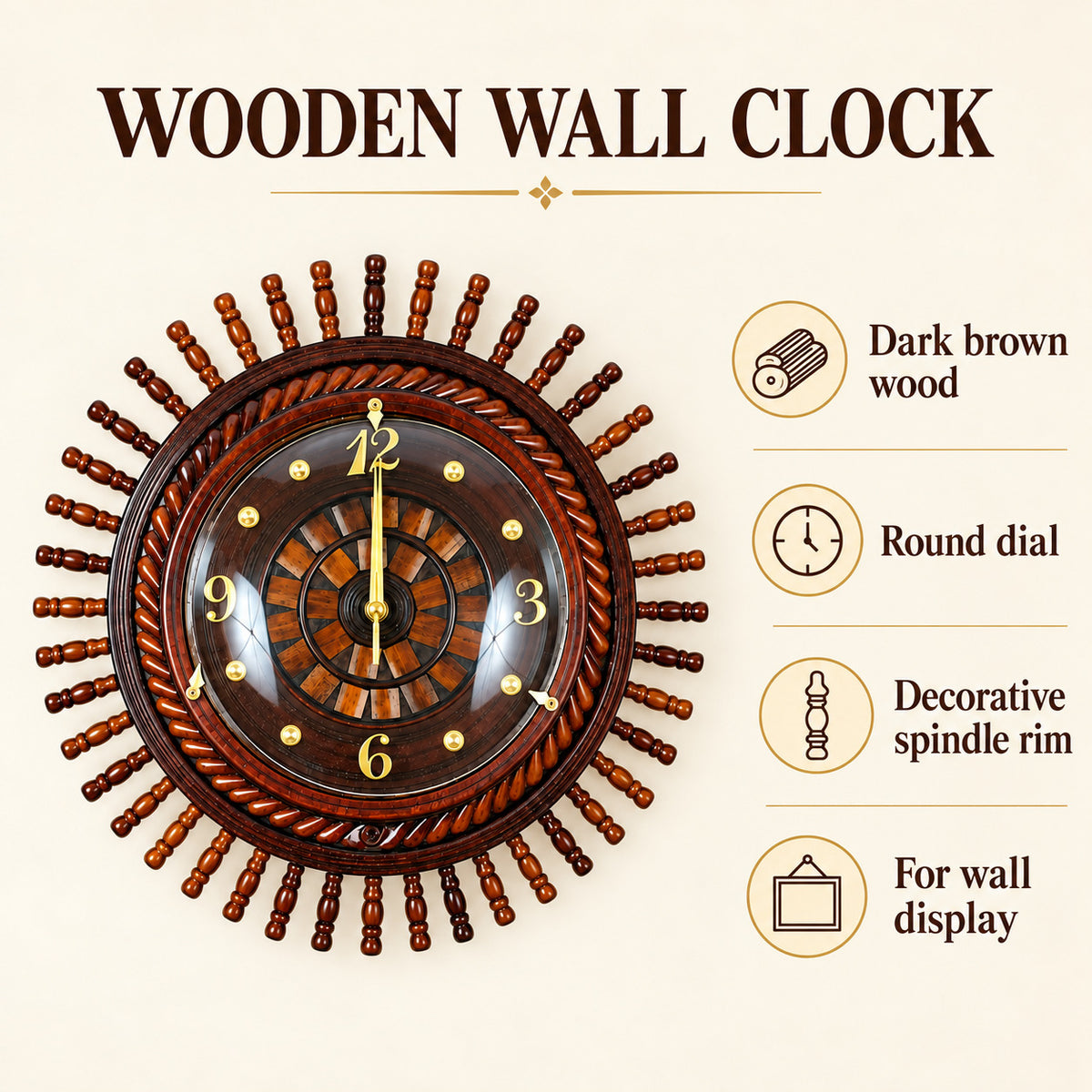 Wall Clock Wooden Dark Brown — four features and uses