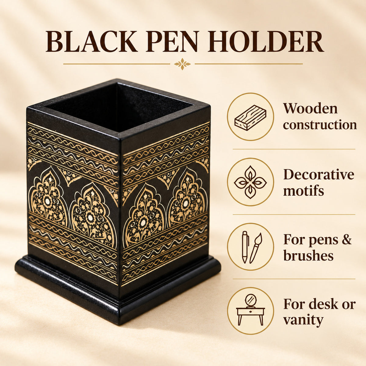 Wooden Pen Brush Holder, Pen Console Black — four features and uses