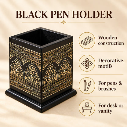 Wooden Pen Brush Holder, Pen Console Black — four features and uses