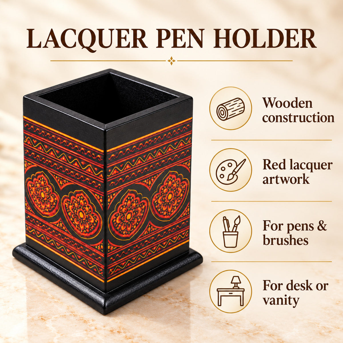 Pen Console â€“ Brush Holder â€“ Red Lacquer Art — four features and uses